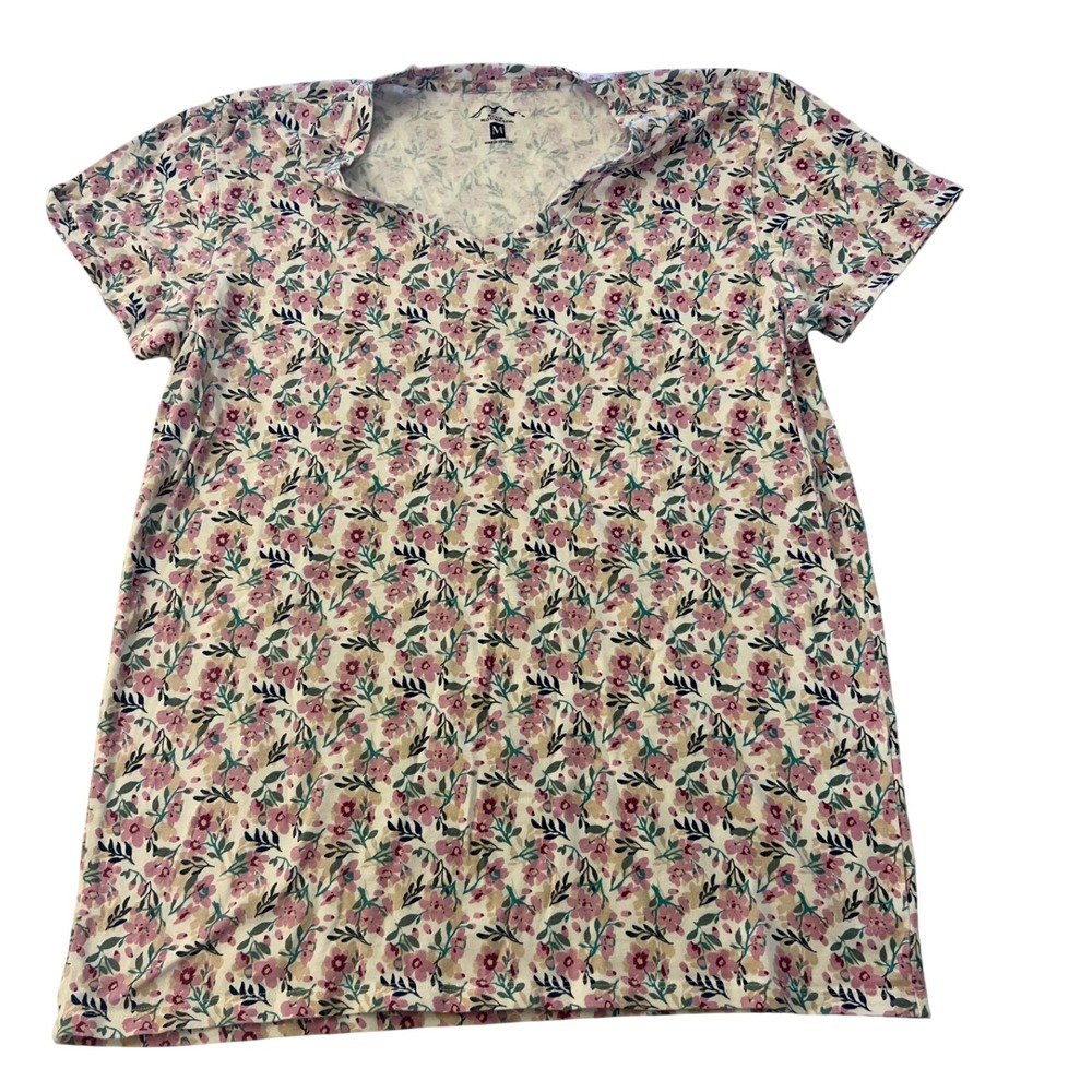 Blue Mountain Womens Floral V-Neck Short Sleeve T-Shirt Pink Purple Size M